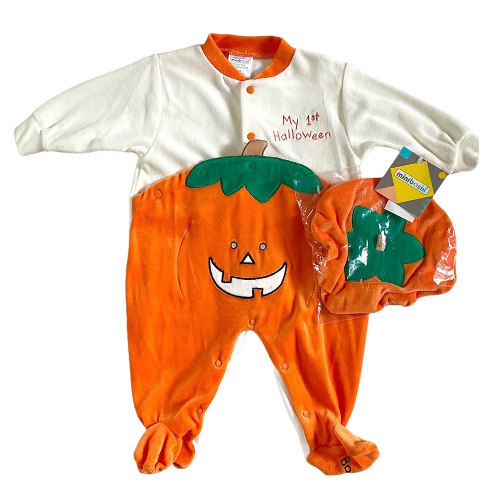 ADORABLE HALLOWEEN PUMPKIN FOOTIE WITH PUMPKIN HAT FOR 6 MONTH BABY NEW NWT